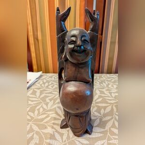 Vintage Hand Carved Wooden Laughing Buddha Statue 12 Inches High, Quite light